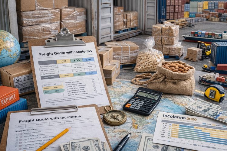 Illustrated placeholder for article titled Freight Planning and Incoterms for Almond Buyers