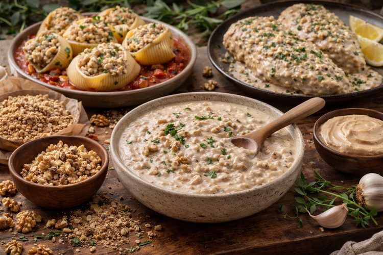 Illustrated placeholder for article titled Using Walnuts in Sauces, Fillings and Savory Preparations